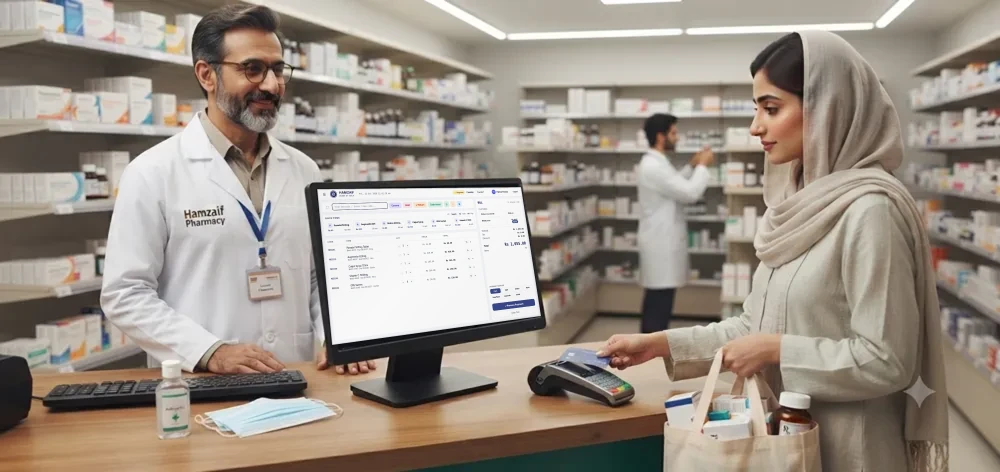 HamZaif POS at a pharmacy counter