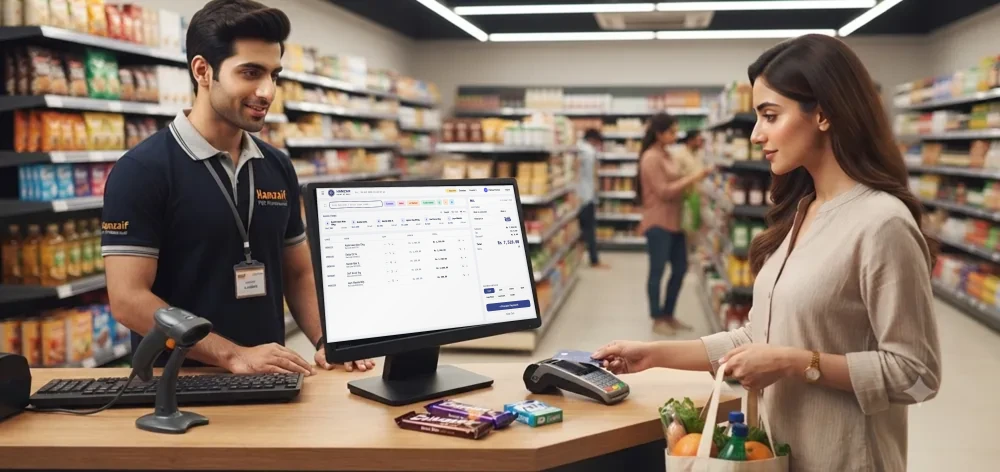 HamZaif POS at a supermarkets counter